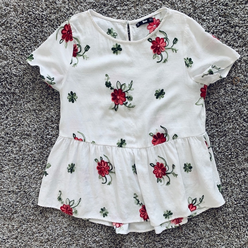 Shein Flower Embroidered White Peplum Shirt